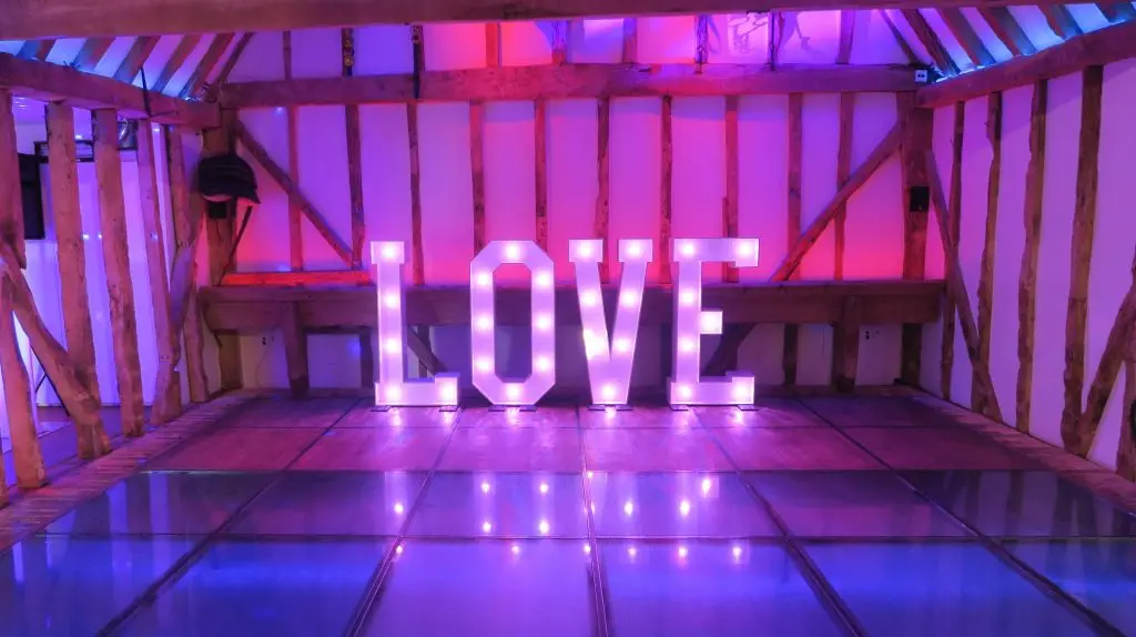 South Farm Royston Herts LOVE Letters, Pink And Blue Uplighting
