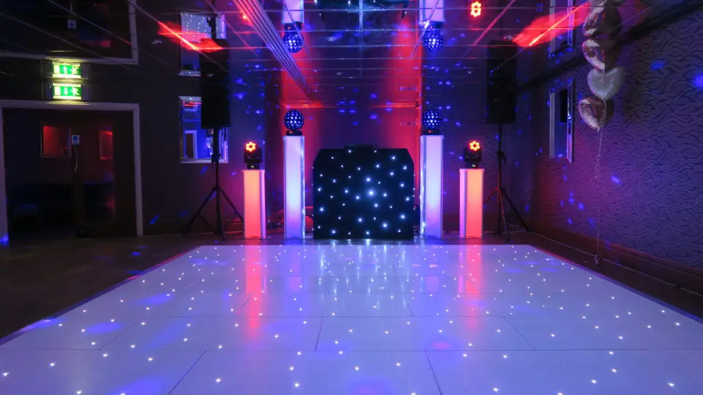 Orsett Hall, Essex Premier Set Up, Black Starlit Booth, White LED Dance Floor, Red & Blue Uplighting
