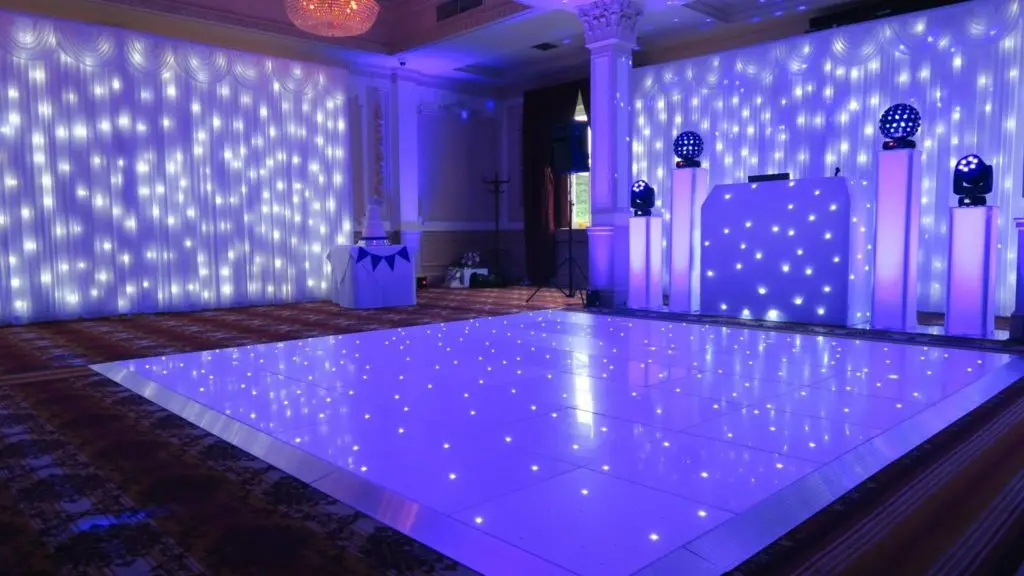 Down Hall, Herts White Premier Set Up, White Starlit Booth, 2 White Starlit Backdrops, White LED Dance Floor, Lilac Uplighting