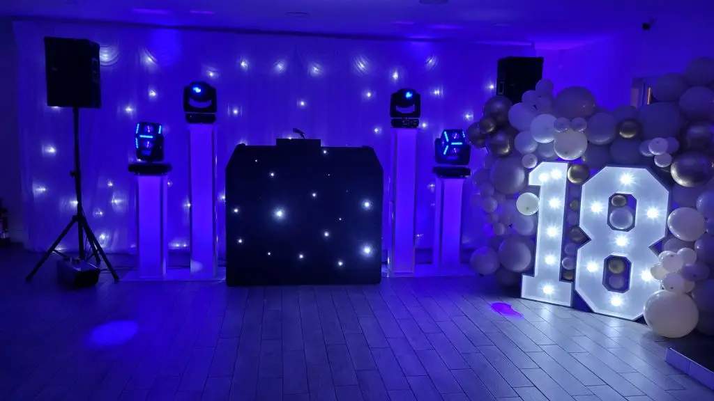 Broxbourne Golf Complex Herts, Premier Set Up, Black Starlit Booth, White LED Backdrop, White LED Numbers, Blue Uplighting