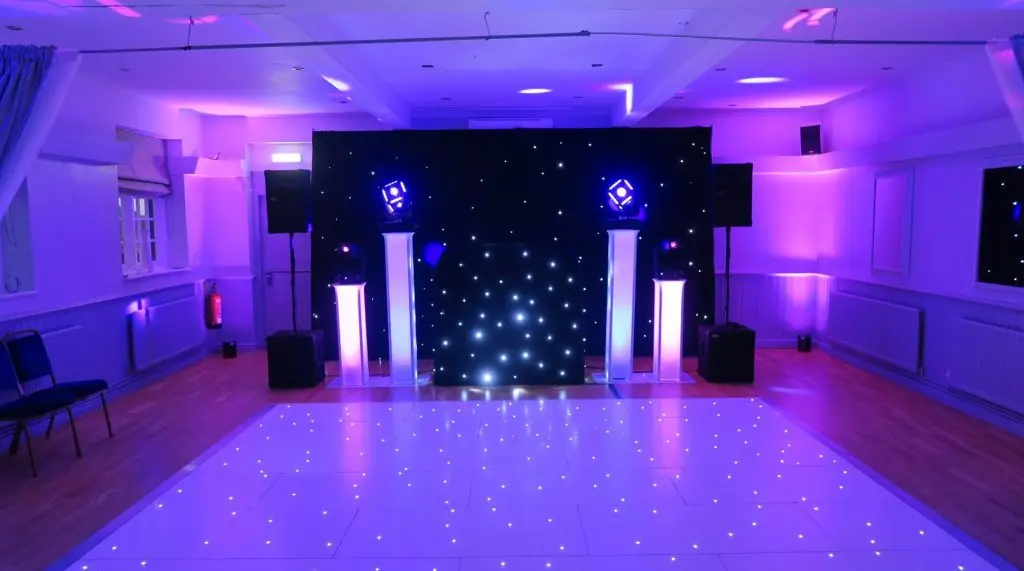 Halfway House, Essex, Premier Set Up, Black Starlit Booth & Backdrop, White LED Dance Floor, Pink & Blue Uplighting