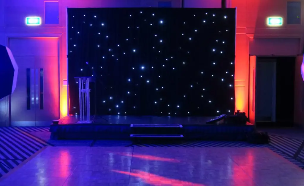 Radisson Stansted Essex, Black Starlit Backdrop For Awards Night, Orange And Lilac Uplighting