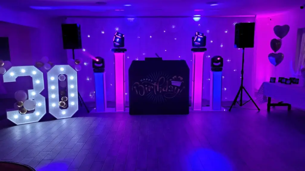 Broxbourne Golf Complex Herts, Premier Set Up, Black Booth, White Starlit Backdrop And Numbers, Pink And Blue Uplighting