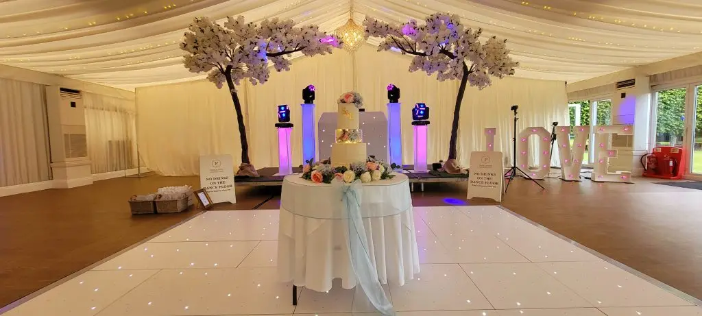 Parklands Quendon Hall White Premier Set Up, White Starlight Booth, White LED Dance Floor, LOVE Letters