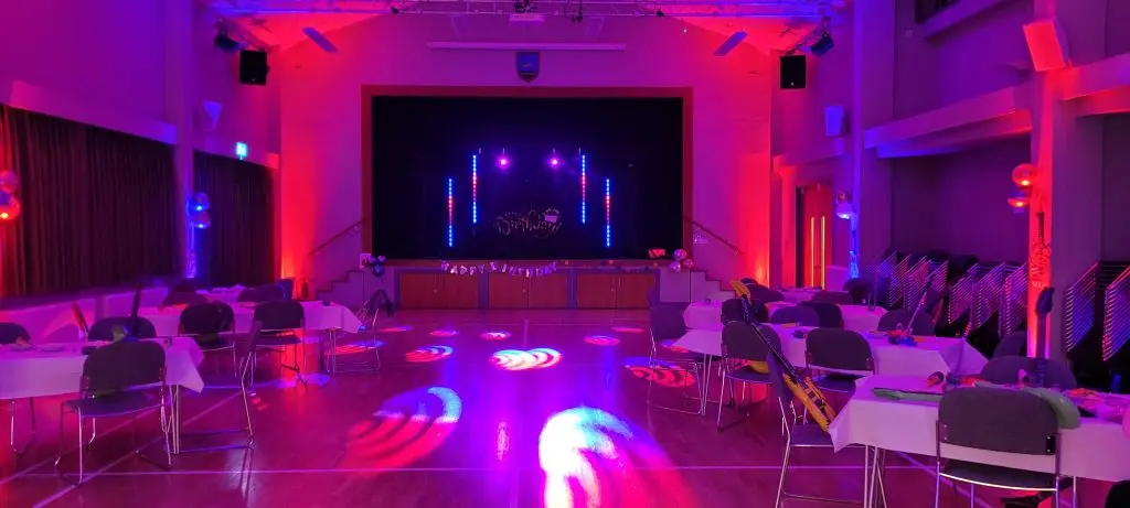 Theydon Bois Village Hall Essex Premier Set Up, Black Booth, Red & Blue Uplighting