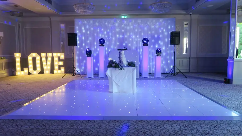 Down Hall, Herts, White Premier Set Up, White Starlit Booth & Backdrop, White LED Dance Floor, Love Letters, Lilac Uplights