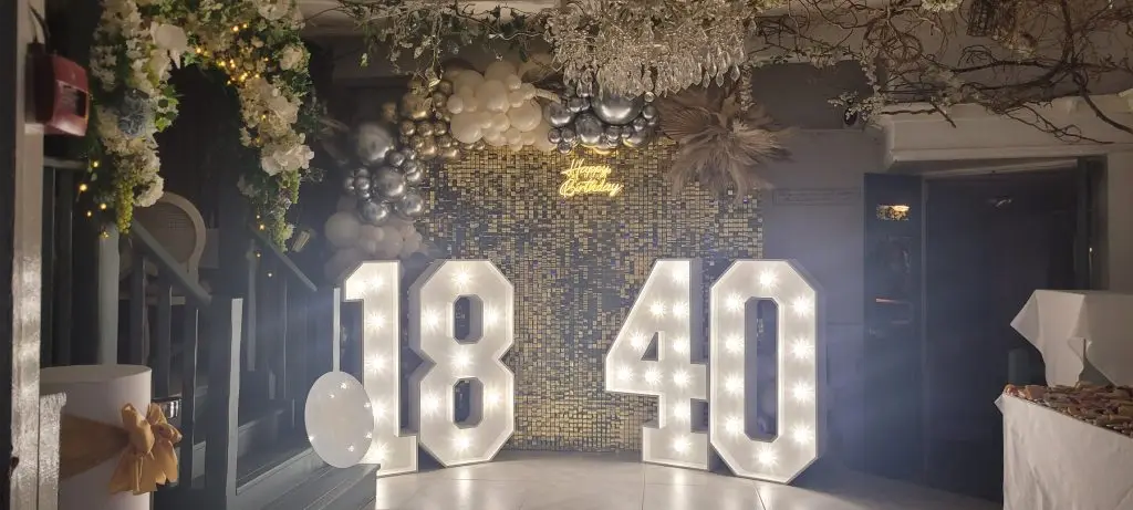 The Merry Fiddlers Epping Numbers, Balloons, Backdrop And Neon Sign