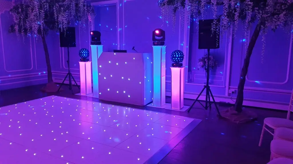 Hutton Hall, Essex, White Premier Set Up, White Starlit Booth, White LED Dance Floor, Pink & Blue Uplighting