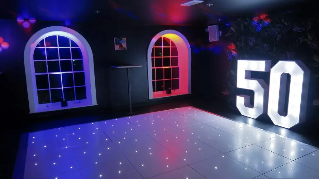 Elmo's Woodford Essex, White LED Dance Floor And Numbers, Red And Blue Uplighting