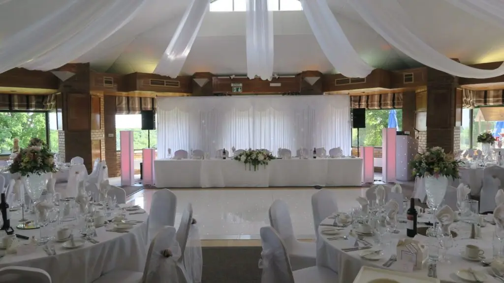West Essex Golf Club, White Premier Set Up, White Starlit Booth & Top Table Backdrop, White LED Dance Floor