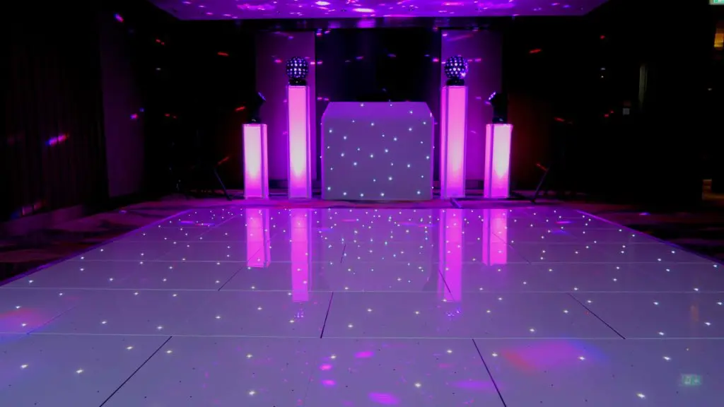 The Shard, White Premier Set Up, White Starlit Booth, White LED Dance Floor, Pink Uplighting