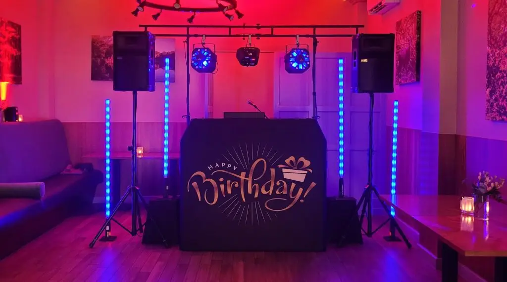 Haywards Epping Premier Set Up, Black Booth, Uplighting Red & Blue