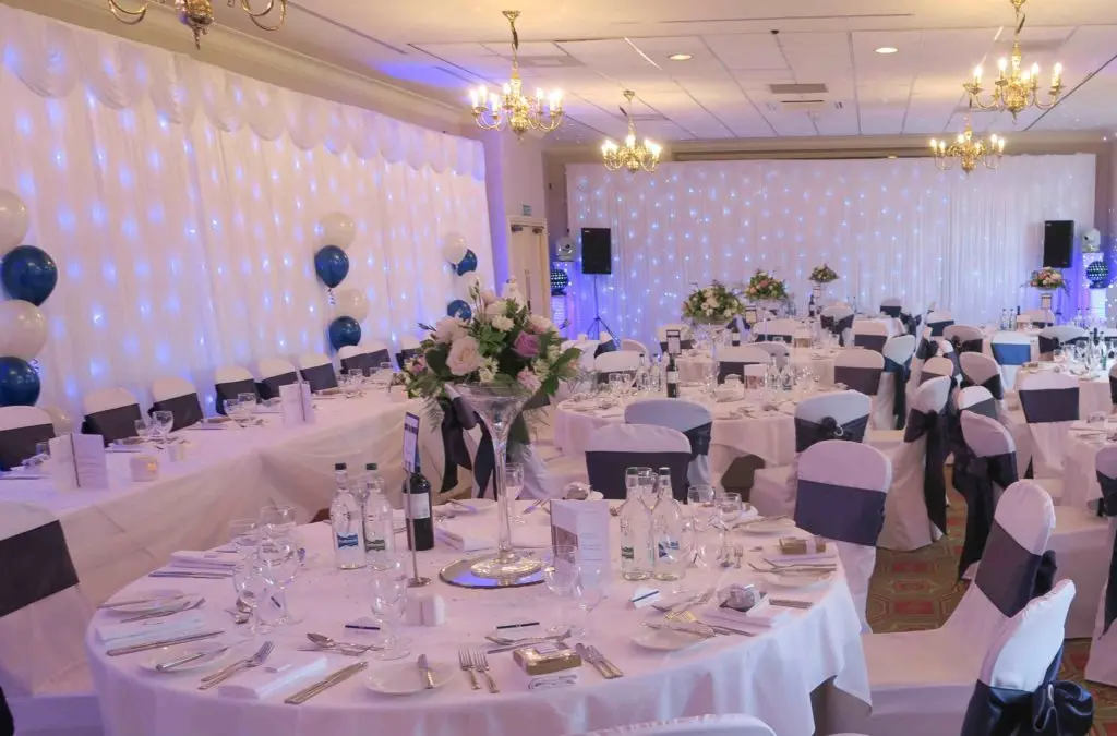Hanbury Manor, Herts, White Starlit Backdrops Behind Top Table & Dancing Area