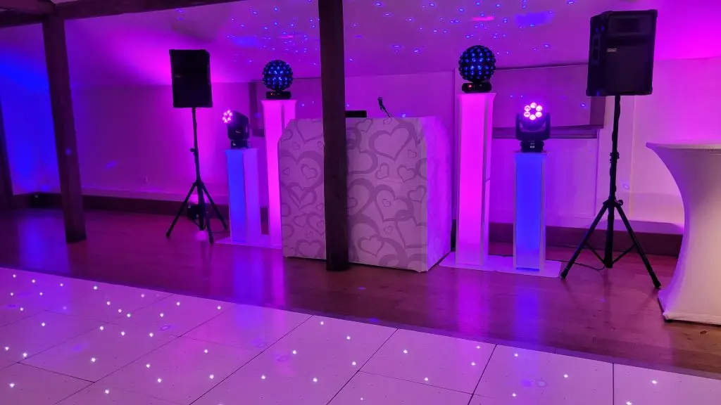 Gaynes Park Epping Essex, White Premier Set Up, White Booth, White LED Dance Floor, Pink And Blue Uplighting