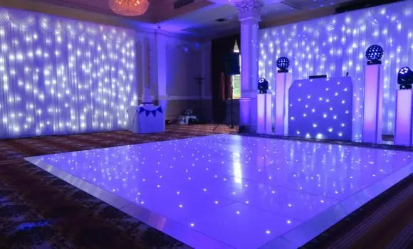 Down Hall, Herts White Premier Set Up, White Starlit Booth, 2 White Starlit Backdrops, White LED Dance Floor, Lilac Uplighting