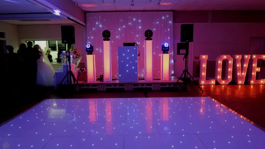 Cheshunt Rugby Club, Herts, White Premier Set Up, White Starlit Booth & Backdrop, White LED Dance Floor, LOVE Letters, Uplighting