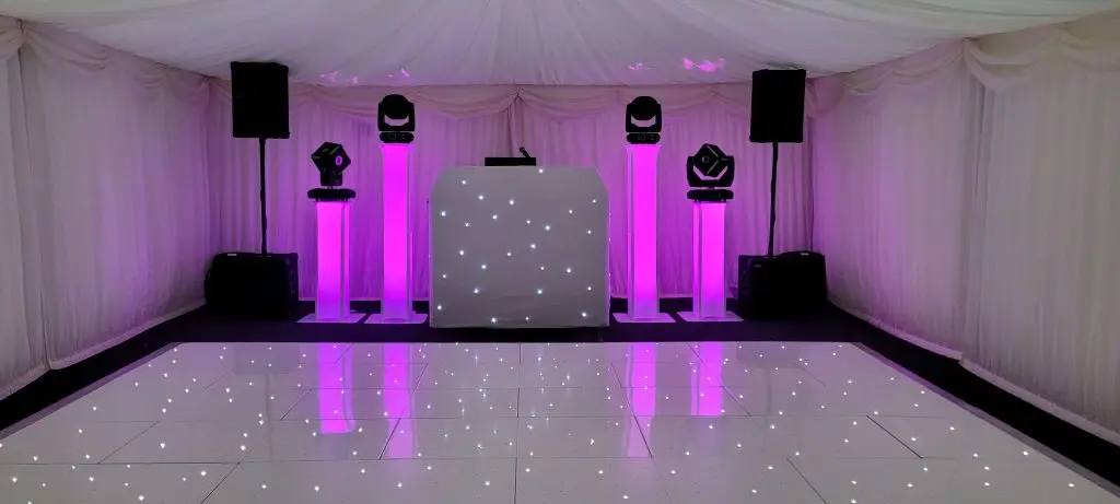 Marquee Woodford Essex, White Premier Set Up, White Starlight Booth, White LED Dance Floor, Pink Uplighting