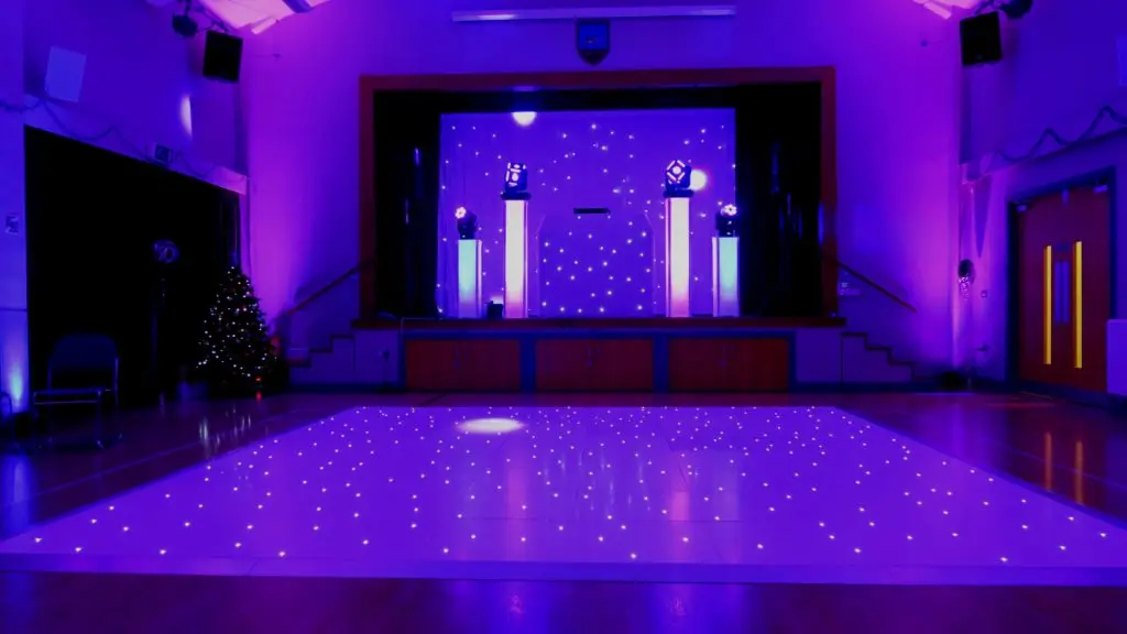 Theydon Bois Village Hall White Premier Set Up, White Starlit Booth & Backdrop, White LED Dance Floor, Pink & Blue Uplighting