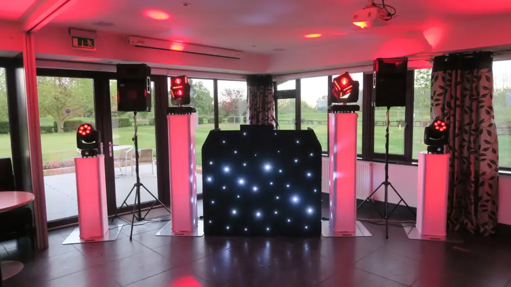 Mardyke Valley Golf Club, Essex Premier Set Up, Black Starlit Booth, Rose Uplights