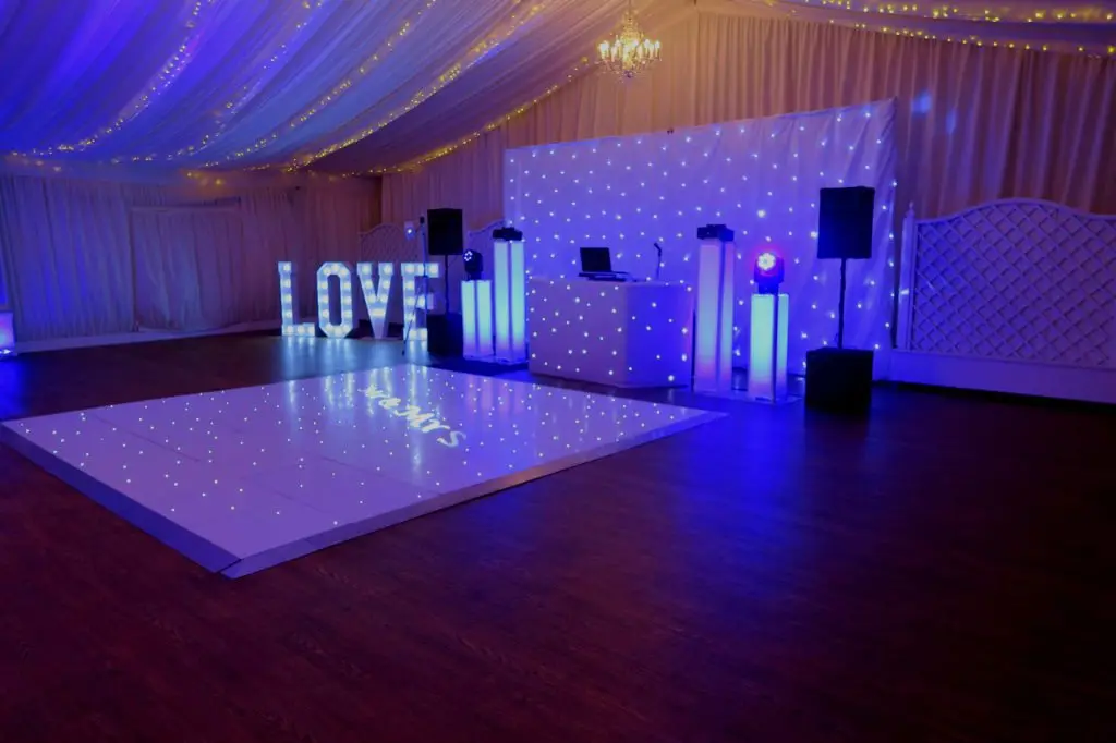 Parklands, Quendon Hall, Essex, White Premier Set Up, White Starlit Booth & Backdrop, White LED Dance Floor, LOVE Letters, Lilac Uplighting