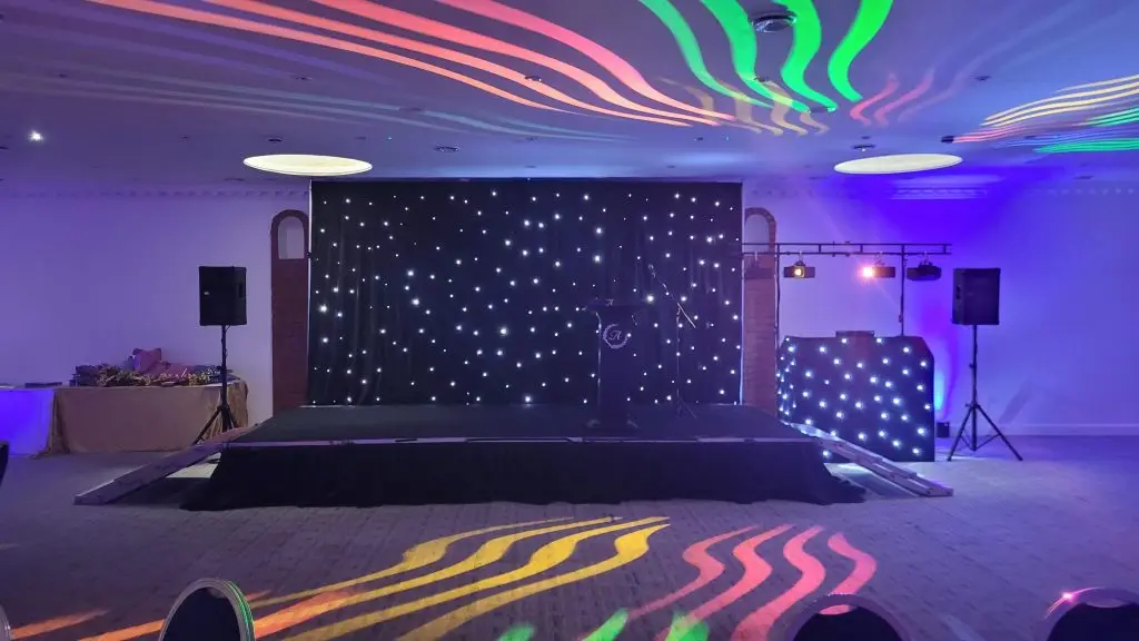 The Atrium Bethnal Green London, Standard Set Up, Black Starlit Booth, Black LED Backdrop For Awards, Lilac Uplighting