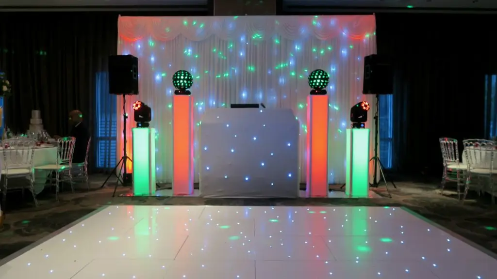 Radisson Docklands White Premier Set Up, White Starlit Booth & Backdrop, White LED Dance Floor, Orange & Green Uplighting