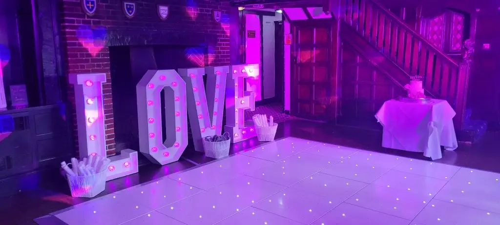 Marygreen Manor Brentwood Essex, LOVE Letters, White LED Dance Floor